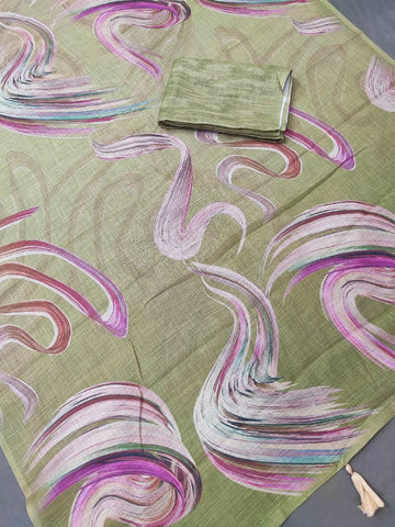 Crazy Cloud Green Abstract Linen Saree